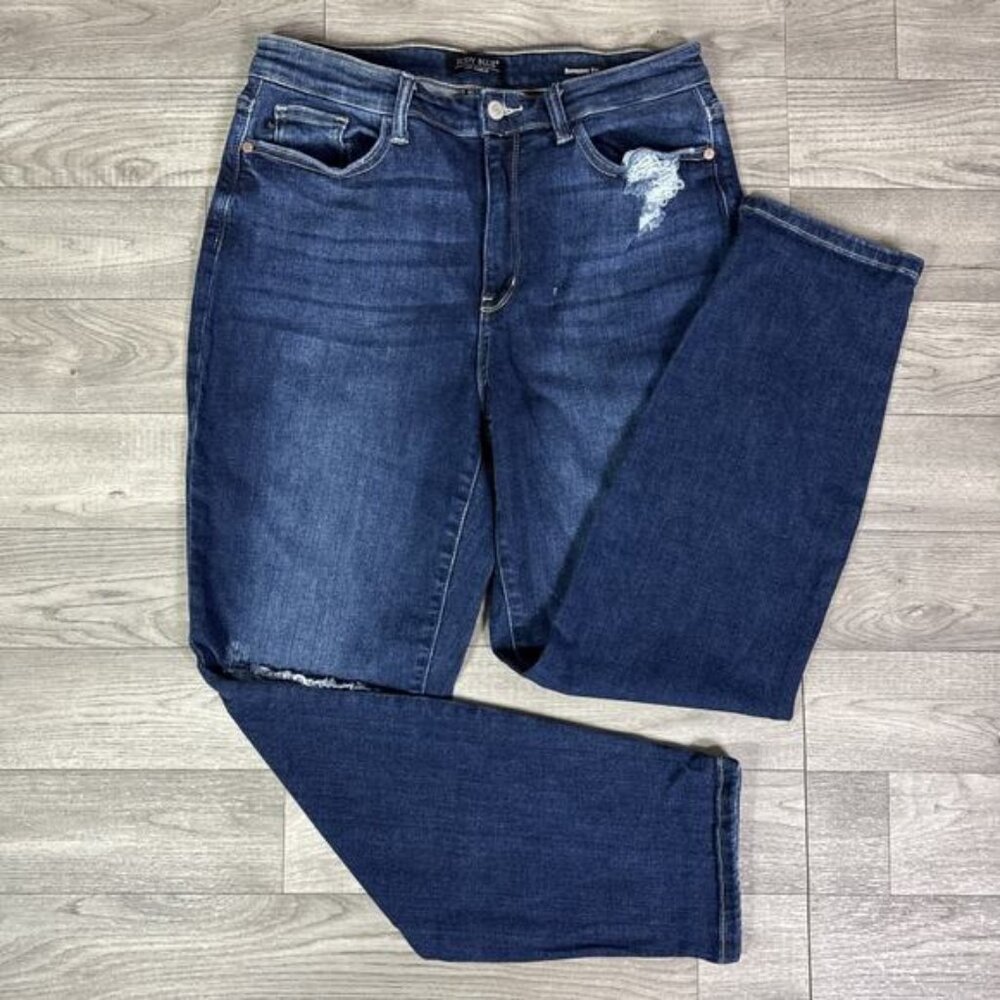 Judy Blue Boyfriend Fit High Rise Ripped Skinny Women's Jeans Dark Wash sz 11/30